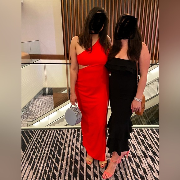 One shoulder red maxi Dress with thigh split and cutout - Picture 1 of 9